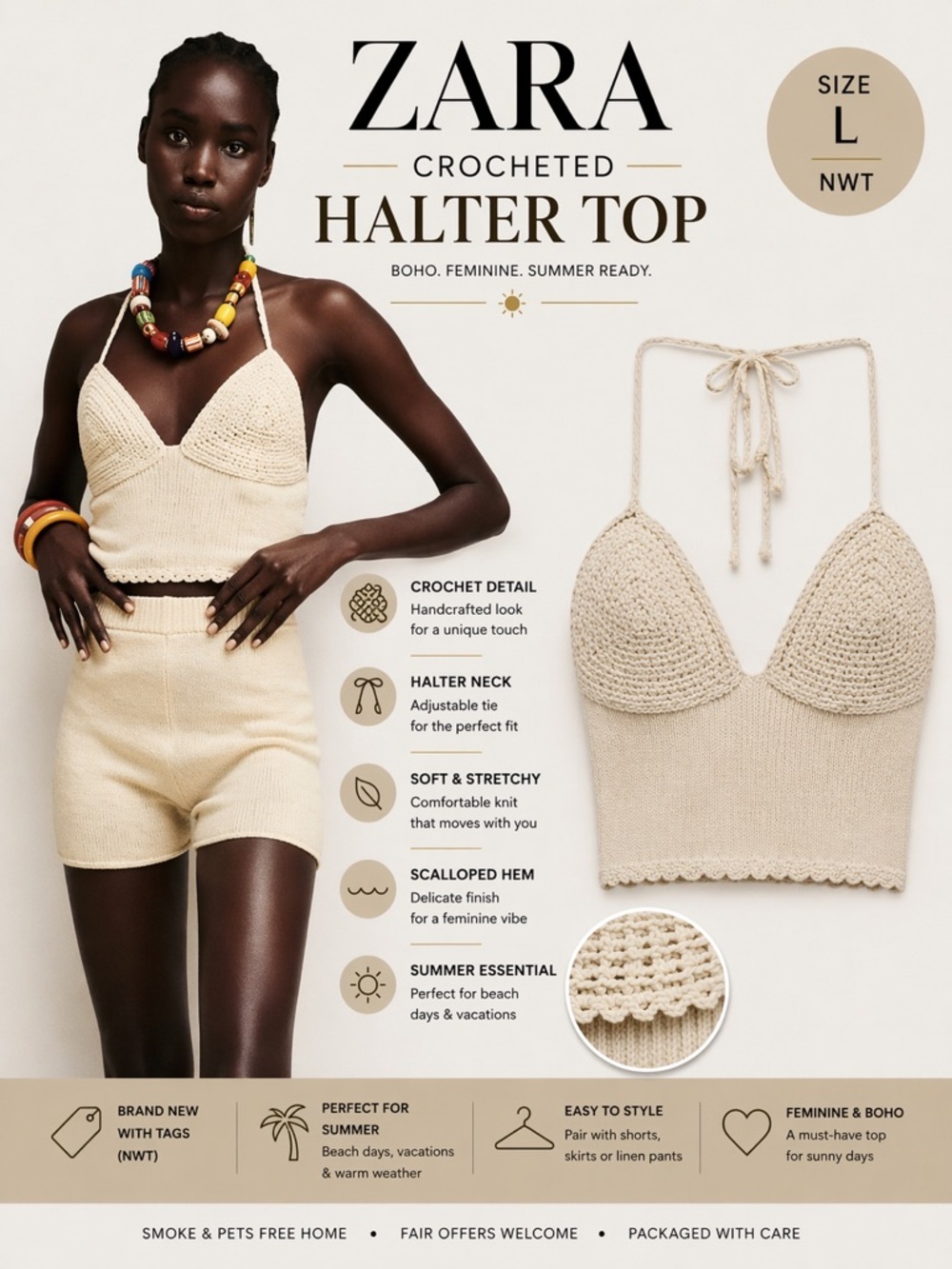 ZARA Cream Crocheted Halter Top NWT Size L